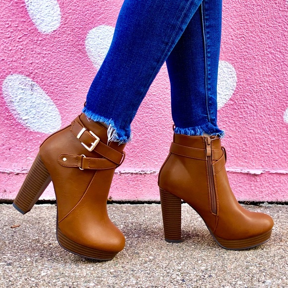 Cognac Tan Vegan Leather Buckle Ankle Boots - Picture 6 of 12